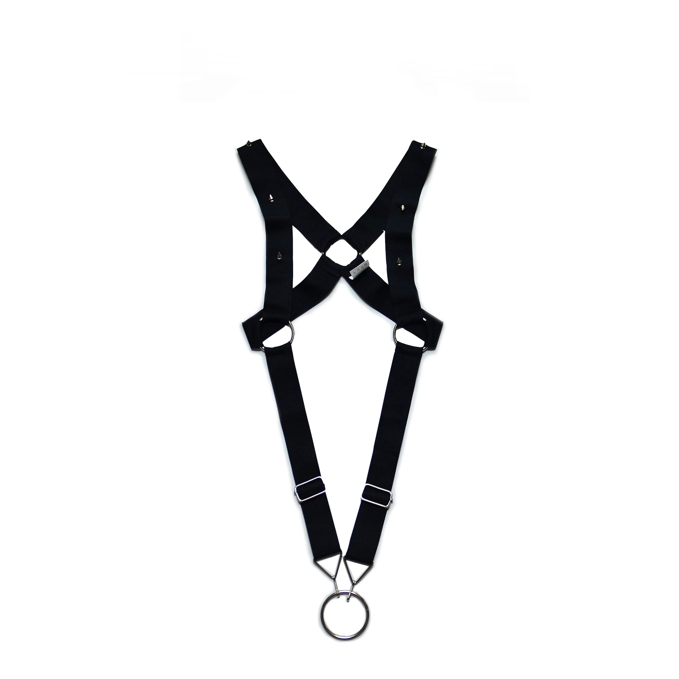 details of black Men’s Menace Spiked Harness – pridevoyageshop.com – gay men’s harness, lingerie and fetish wear