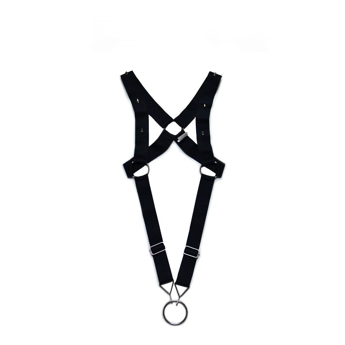 details of black Men’s Menace Spiked Harness – pridevoyageshop.com – gay men’s harness, lingerie and fetish wear