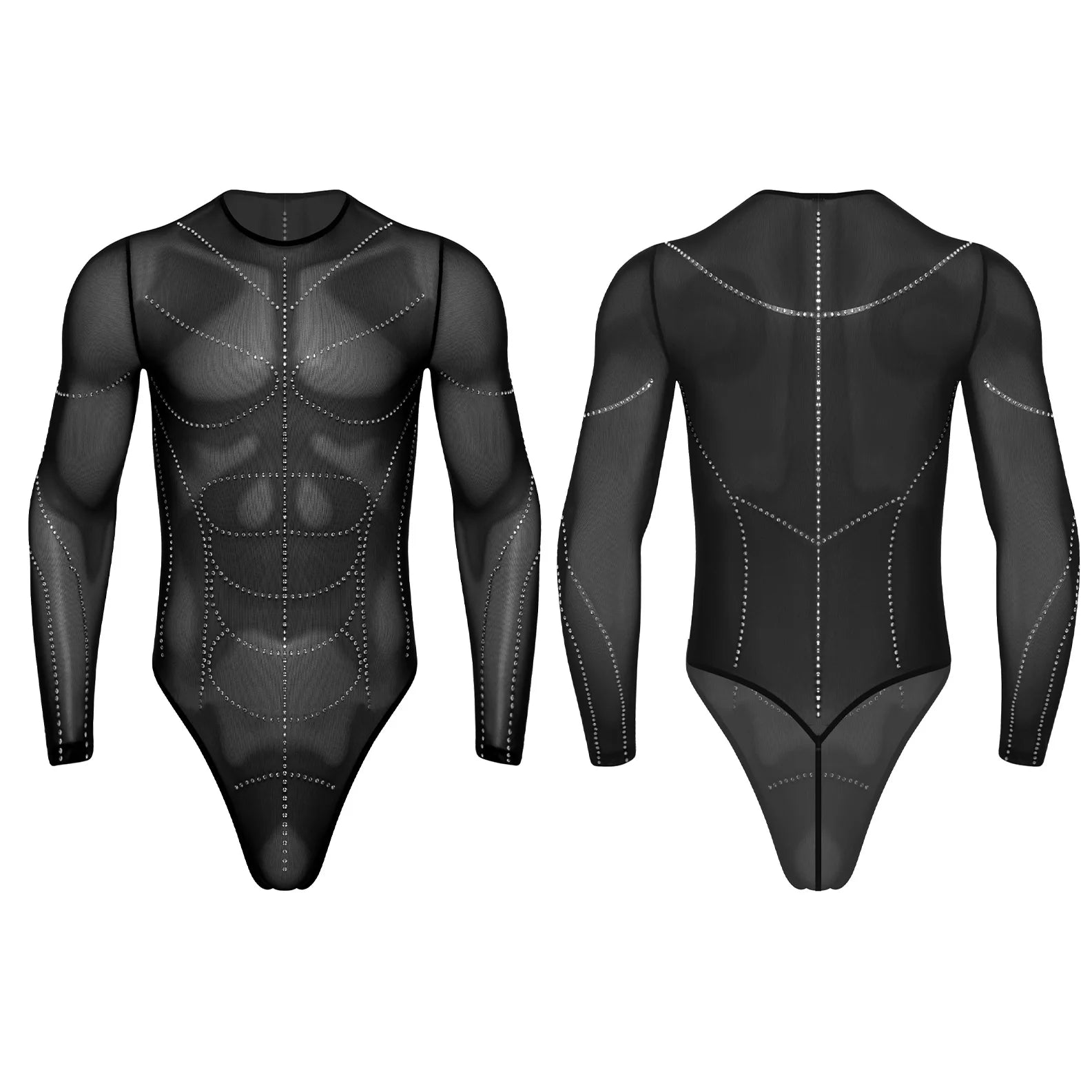 details of black Men’s Night Vision Rhinestone Mesh Bodysuit – pridevoyageshop.com – gay men’s harness, lingerie and fetish wear