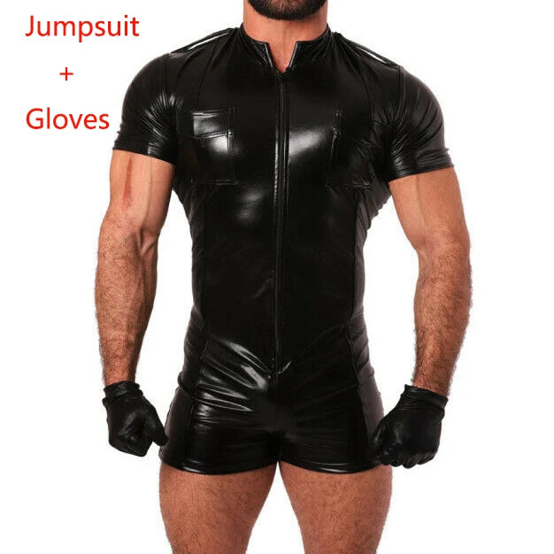 details of black Men’s On Duty PU Leather Playsuit – pridevoyageshop.com – gay men’s harness, lingerie and fetish wear