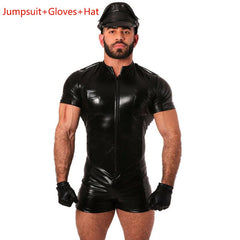 details of black Men’s On Duty PU Leather Playsuit – pridevoyageshop.com – gay men’s harness, lingerie and fetish wear