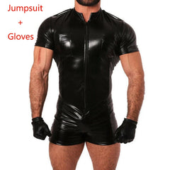 details of black Men’s On Duty PU Leather Playsuit – pridevoyageshop.com – gay men’s harness, lingerie and fetish wear