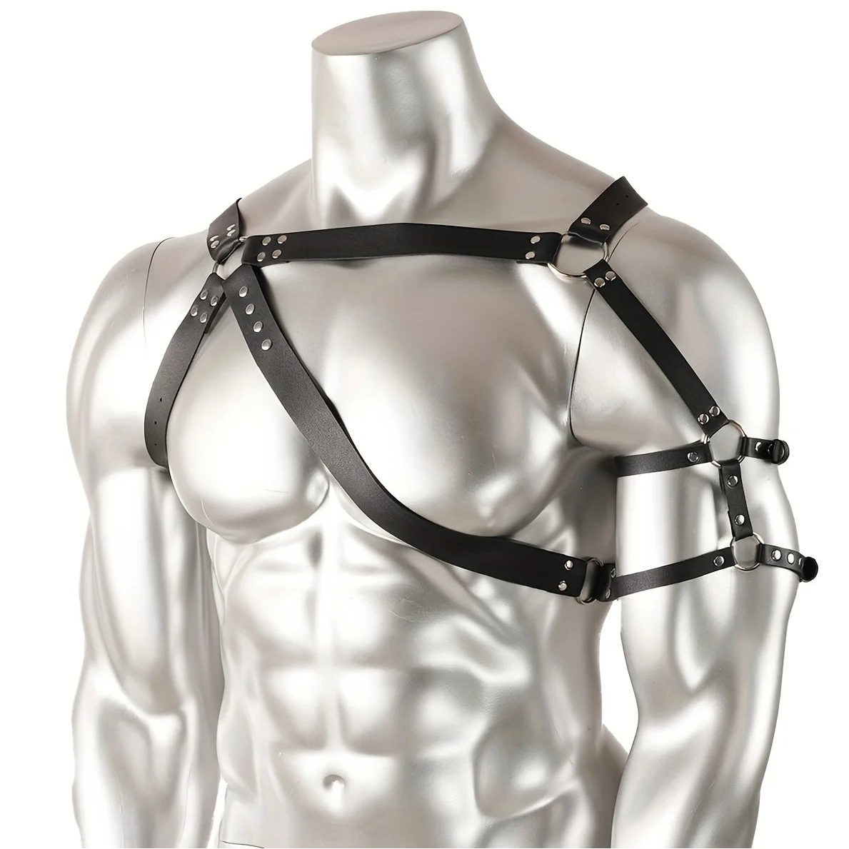 details of black Men’s Praetorian Gladiator Harness – pridevoyageshop.com – gay men’s harness, lingerie and fetish wear