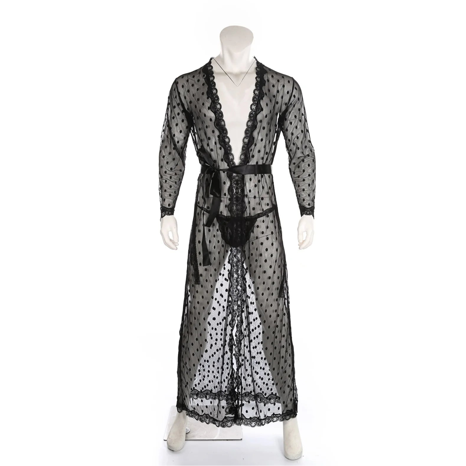details of black Men’s Private Show Sheer Robe Set – pridevoyageshop.com – gay men’s sexy swim briefs, trunks, board shorts, and bikinis