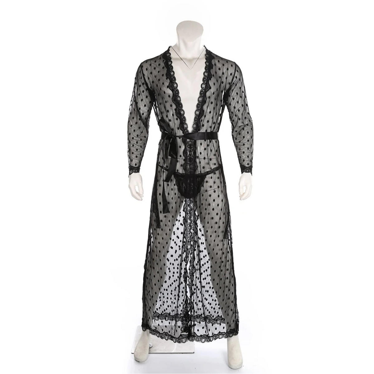 details of black Men’s Private Show Sheer Robe Set – pridevoyageshop.com – gay men’s sexy swim briefs, trunks, board shorts, and bikinis