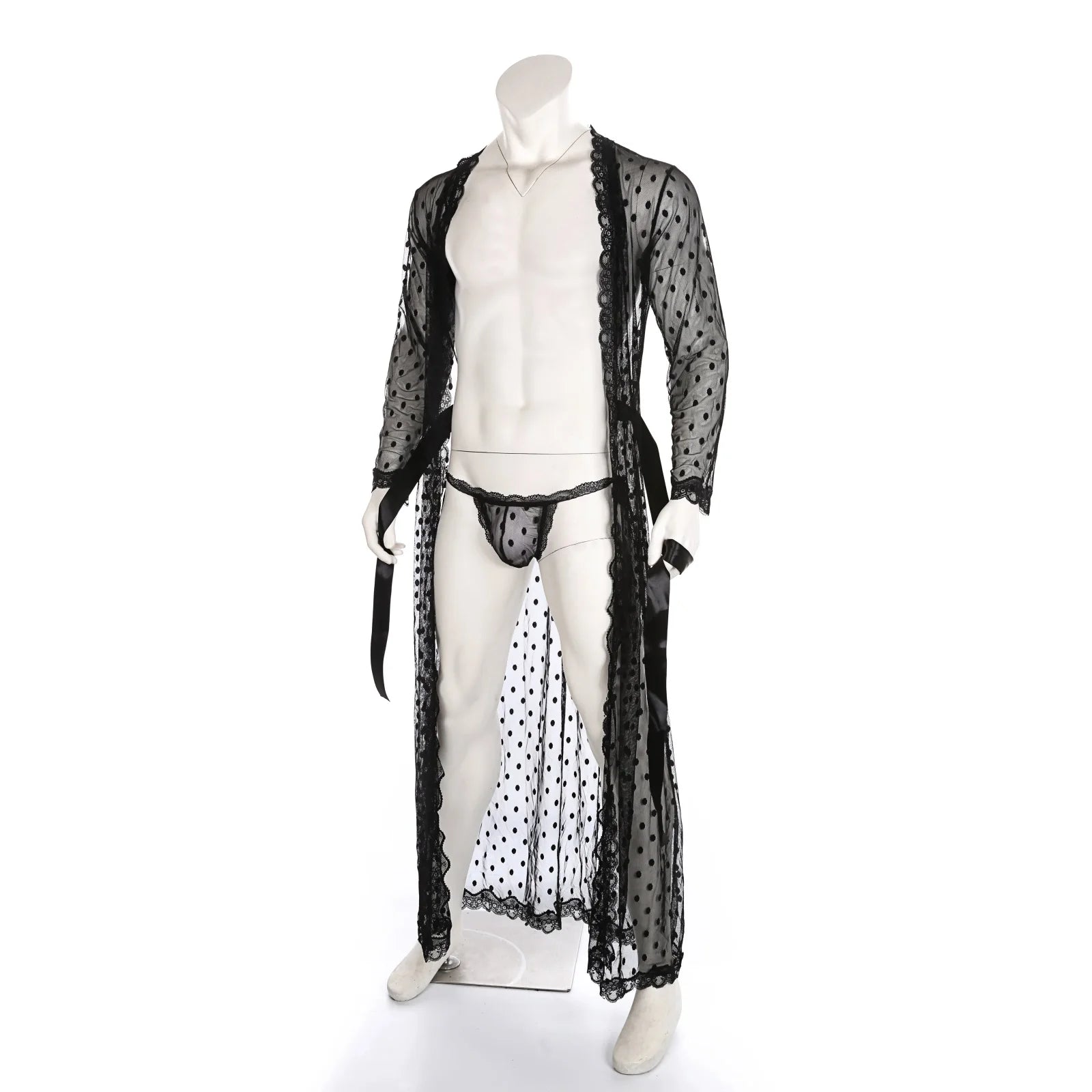 details of black Men’s Private Show Sheer Robe Set – pridevoyageshop.com – gay men’s sexy swim briefs, trunks, board shorts, and bikinis