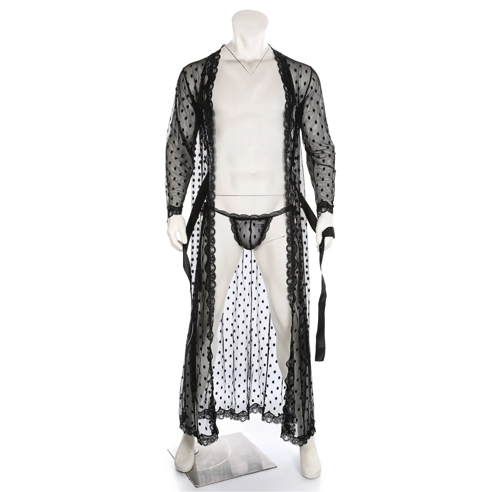 details of black Men’s Private Show Sheer Robe Set – pridevoyageshop.com – gay men’s sexy swim briefs, trunks, board shorts, and bikinis