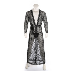 details of black Men’s Private Show Sheer Robe Set – pridevoyageshop.com – gay men’s sexy swim briefs, trunks, board shorts, and bikinis