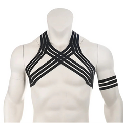 details of black Men’s The Lewk Chest Harness Set – pridevoyageshop.com – gay men’s harness, lingerie and fetish wear