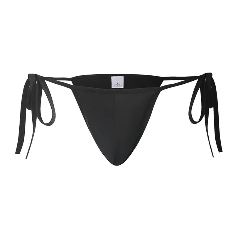 details of black Men’s Werk It Tie-Up Swim Bikini Thong – pridevoyageshop.com – gay men’s sexy swim briefs, trunks, board shorts, and bikinis
