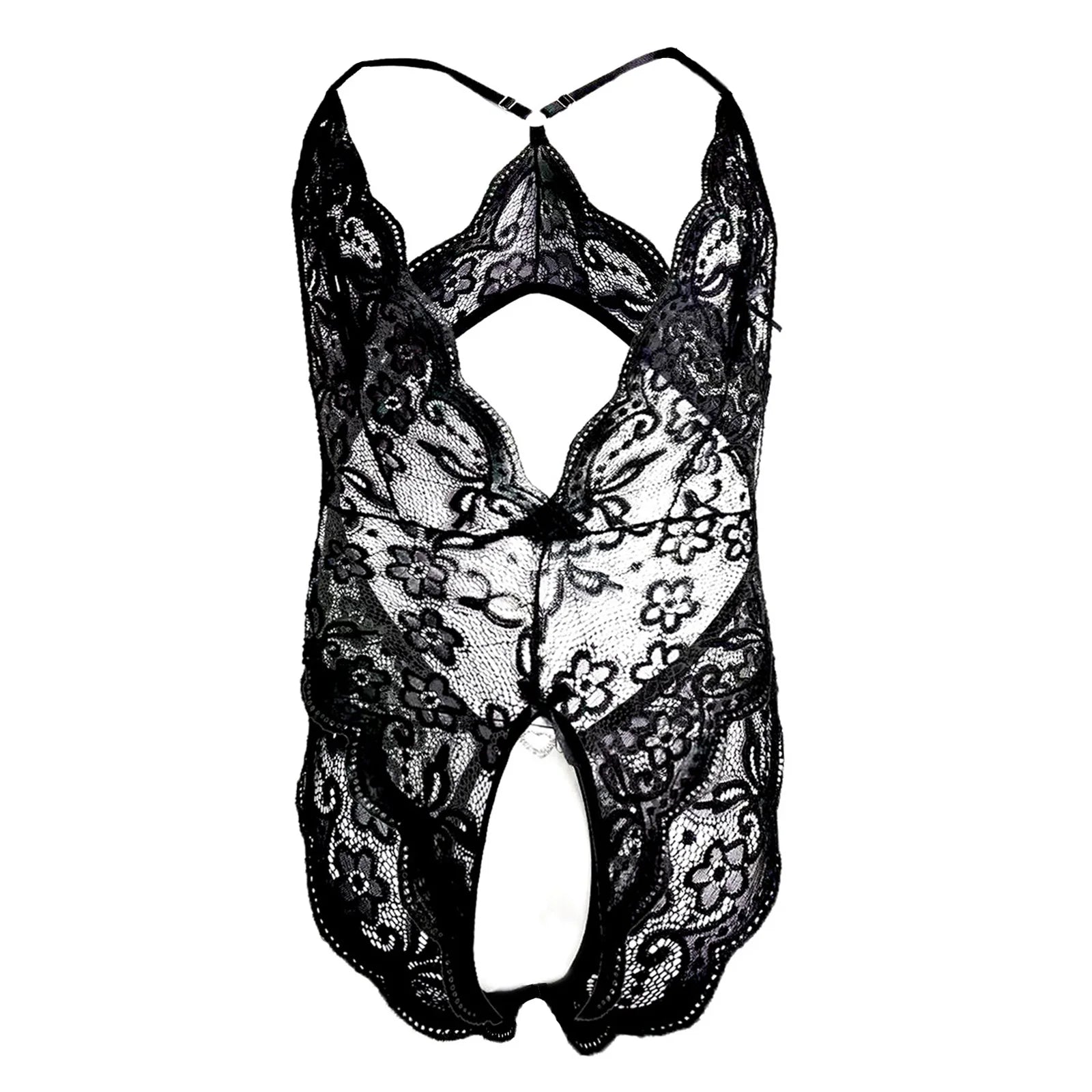 details of black Mother’s Boudoir Lace Teddy, floral lace fabric and deep neckline – pridevoyageshop.com – gay men’s harness, lingerie and fetish wear