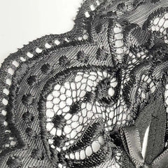details of black Mother’s Boudoir Lace Teddy, floral lace fabric and deep neckline – pridevoyageshop.com – gay men’s harness, lingerie and fetish wear