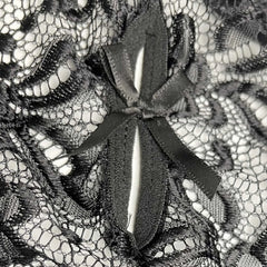 details of black Mother’s Boudoir Lace Teddy, floral lace fabric and deep neckline – pridevoyageshop.com – gay men’s harness, lingerie and fetish wear
