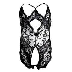 details of black Mother’s Boudoir Lace Teddy, floral lace fabric and deep neckline – pridevoyageshop.com – gay men’s harness, lingerie and fetish wear