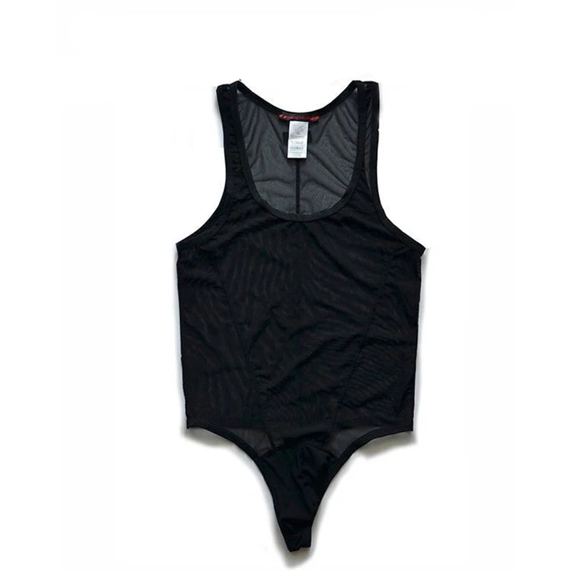 details of black Power Tank Mesh Bodysuit – pridevoyageshop.com – gay men’s harness, lingerie and fetish wear