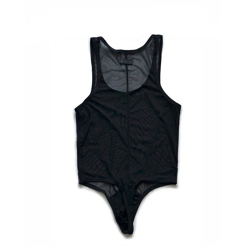 details of black Power Tank Mesh Bodysuit – pridevoyageshop.com – gay men’s harness, lingerie and fetish wear