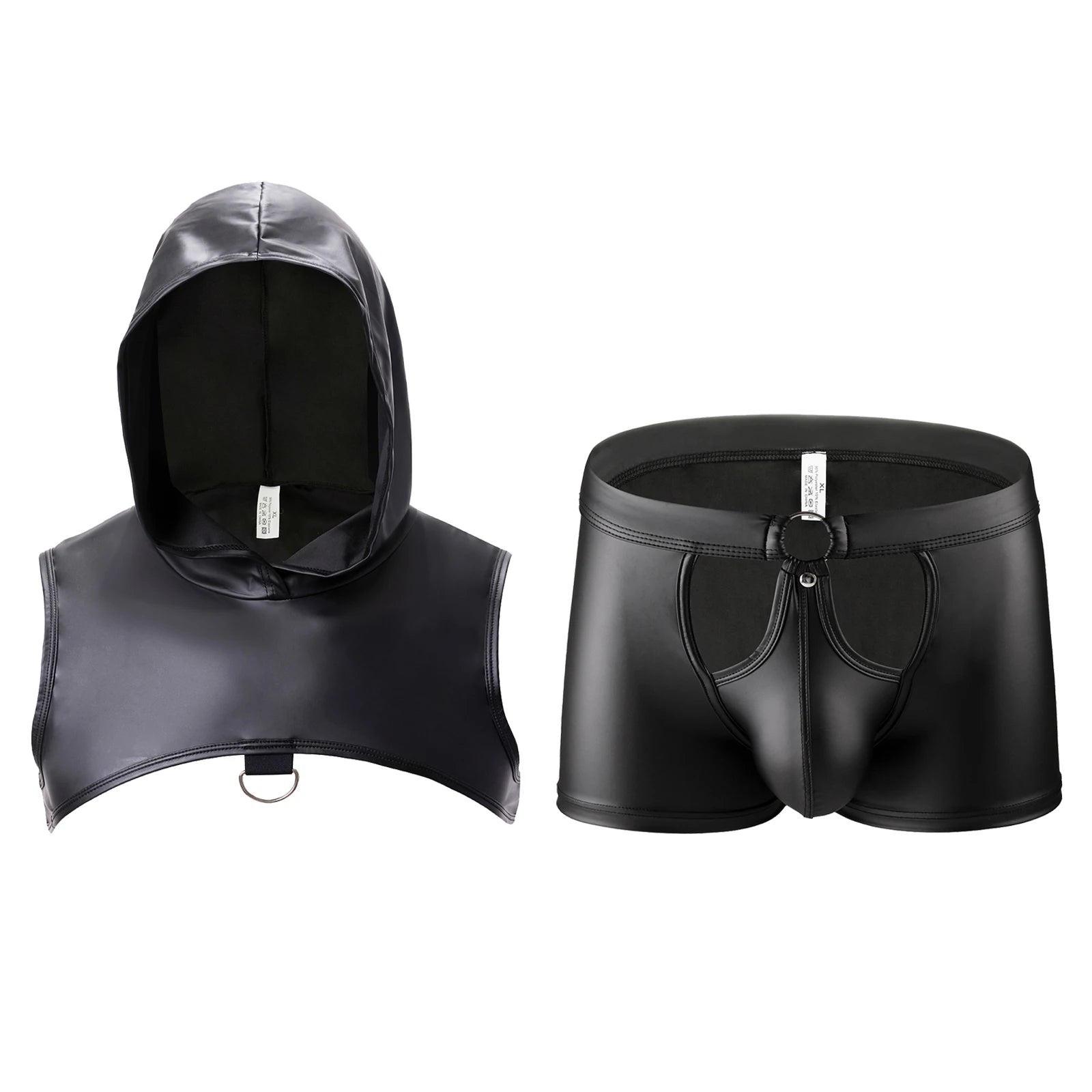 details of black The Stranger Hooded Chest Harness Set – pridevoyageshop.com – gay men’s harness, lingerie and fetish wear