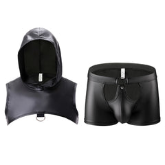 details of black The Stranger Hooded Chest Harness Set – pridevoyageshop.com – gay men’s harness, lingerie and fetish wear
