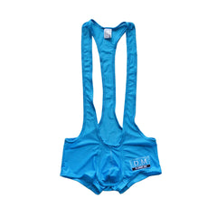 details of blue DM Men’s Powerline Y-Back Mesh Singlet – pridevoyageshop.com – gay men’s harness, lingerie and fetish wear