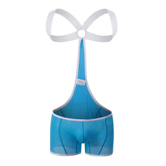 details of blue Hookup Mesh Harness Singlet – pridevoyageshop.com – gay men’s harness, lingerie and fetish wear