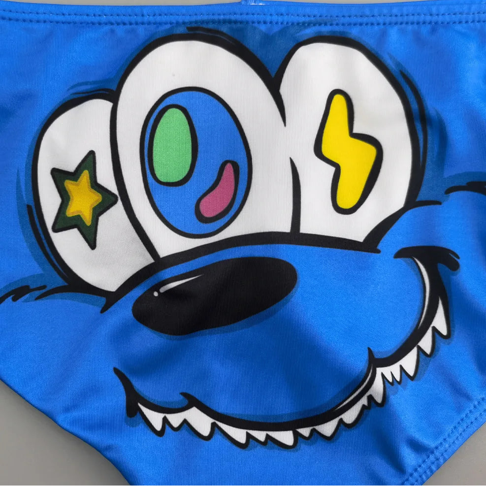 details of blue Men’s Crush Face Swim Briefs – pridevoyageshop.com – gay men’s sexy swim briefs, trunks, board shorts, and bikinis
