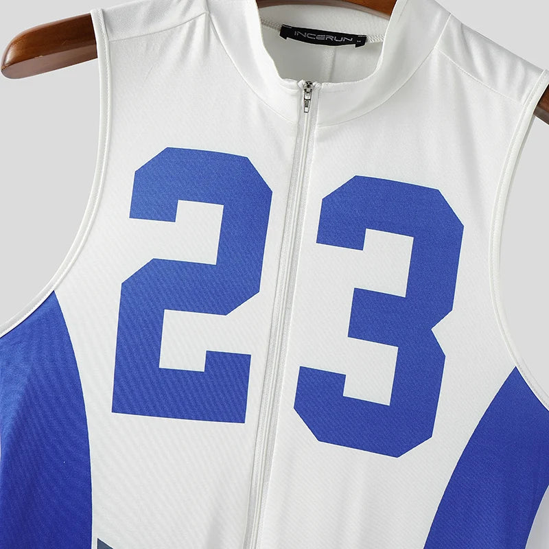 details of blue Men’s Legacy 23 Varsity Zip Bodysuit – pridevoyageshop.com – gay men’s harness, lingerie and fetish wear