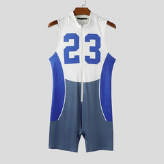 details of blue Men’s Legacy 23 Varsity Zip Bodysuit – pridevoyageshop.com – gay men’s harness, lingerie and fetish wear