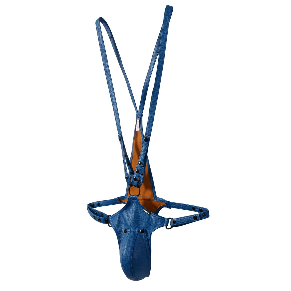 details of blue Men’s Lockdown Suspender Jock Singlet – pridevoyageshop.com – gay men’s harness, lingerie and fetish wear