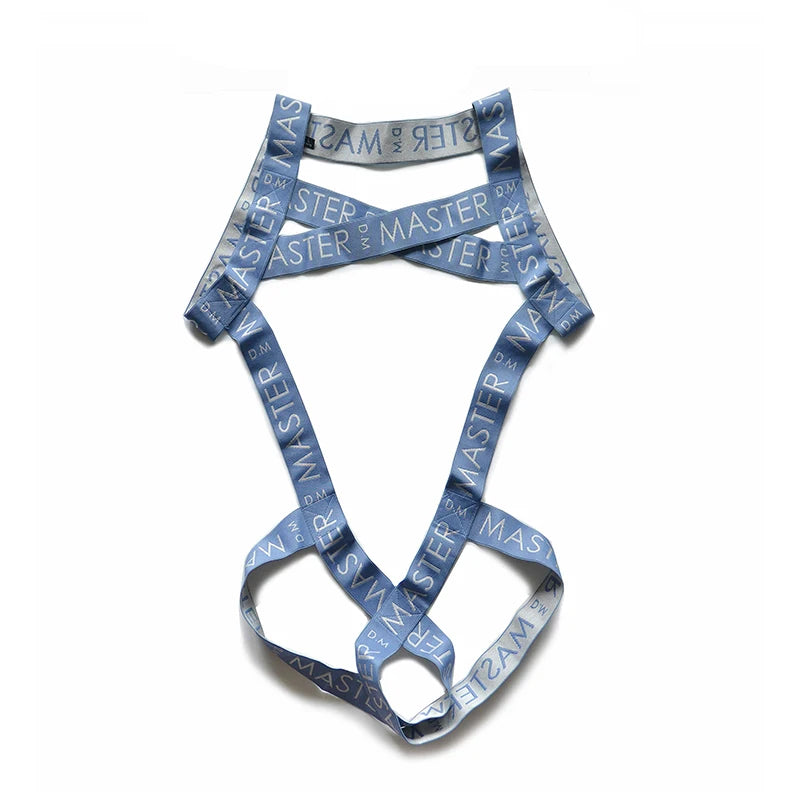 details of blue Men’s Masterclass Bondage Harness – pridevoyageshop.com – gay men’s harness, lingerie and fetish wear