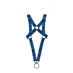 details of blue Men’s Menace Spiked Harness – pridevoyageshop.com – gay men’s harness, lingerie and fetish wear