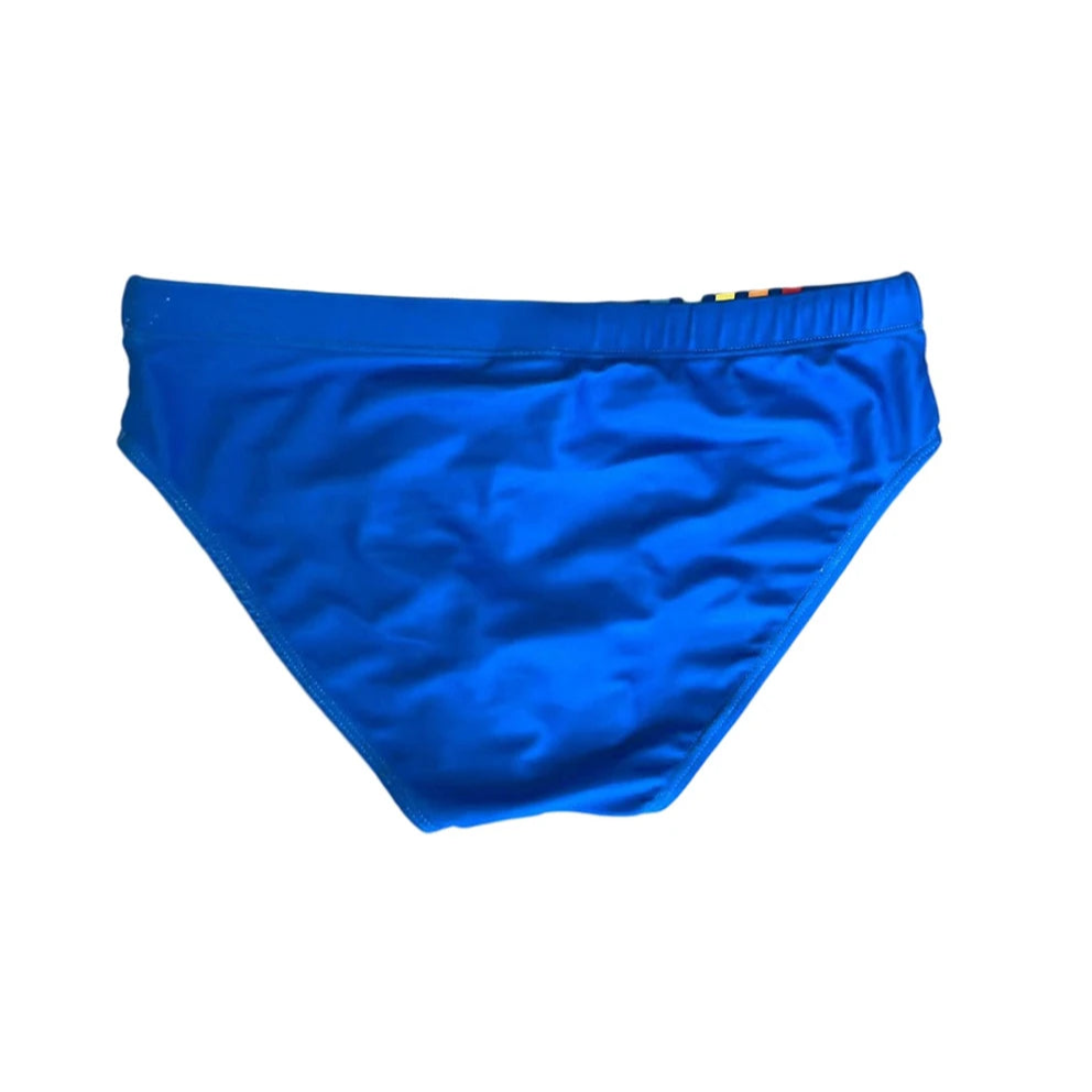 details of blue Men’s Pride Streak Bikini Swim Briefs - pridevoyageshop.com - gay men’s sexy swim briefs, trunks, board shorts, and bikinis