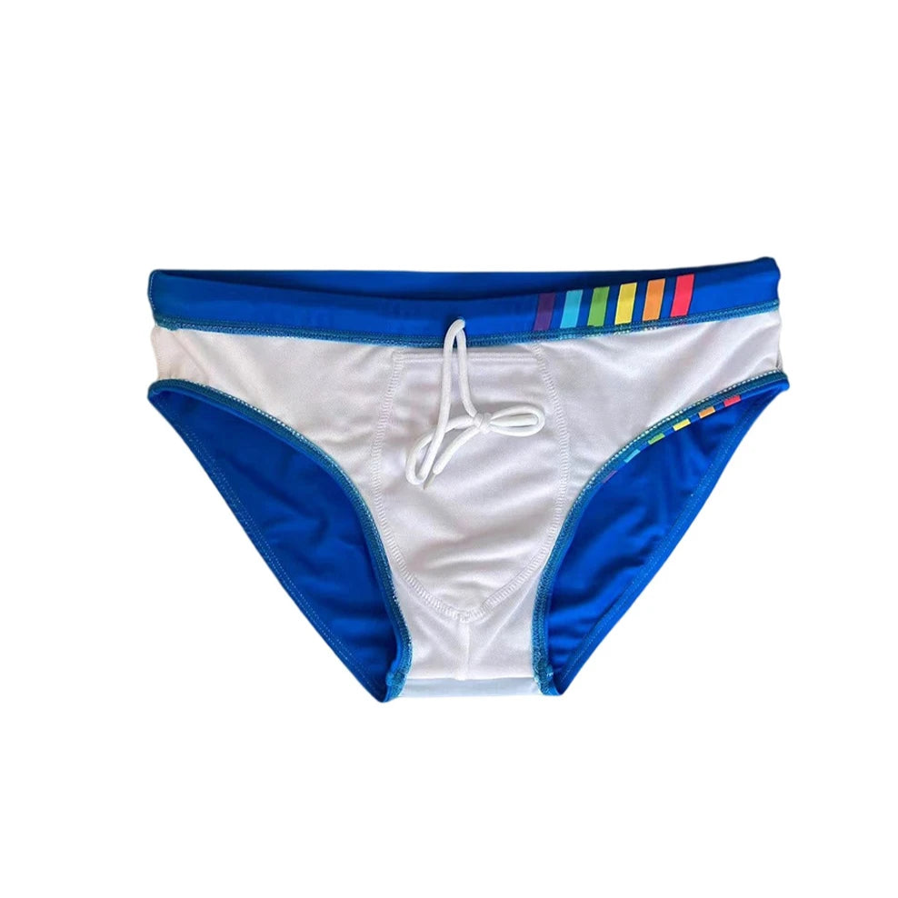 details of blue Men’s Pride Streak Bikini Swim Briefs - pridevoyageshop.com - gay men’s sexy swim briefs, trunks, board shorts, and bikinis