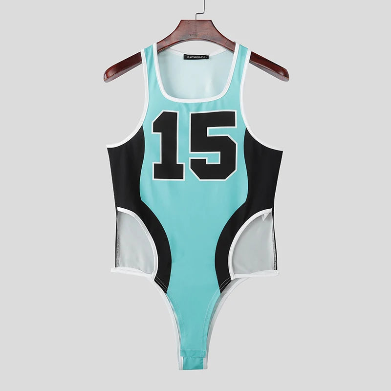 details of blue The Roster Cut Varsity Bodysuit – pridevoyageshop.com – gay men’s harness, lingerie and fetish wear