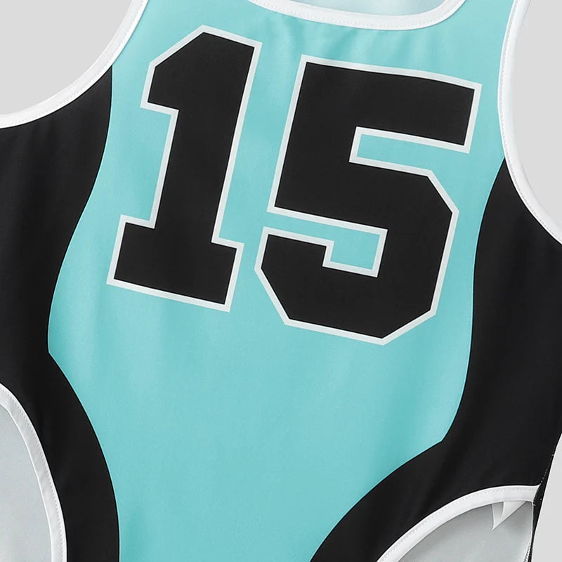 details of blue The Roster Cut Varsity Bodysuit – pridevoyageshop.com – gay men’s harness, lingerie and fetish wear