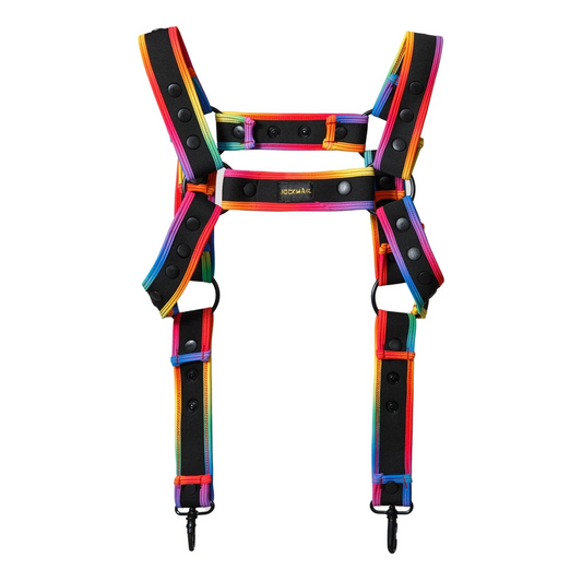 details of brainbow Men’s Riot Rainbow Pride Harness – pridevoyageshop.com – gay men’s sexy swim briefs, trunks, board shorts, and bikinis
