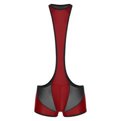 details of burgundy Men’s Glimpse Cutout Mesh Singlet – pridevoyageshop.com – gay men’s harness, lingerie and fetish wear