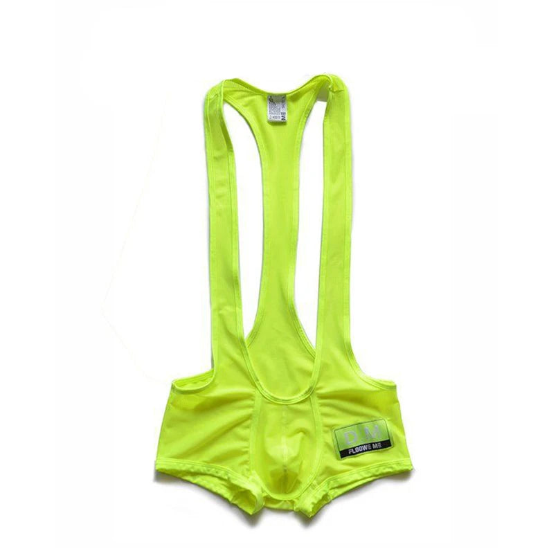 details of fluorescent green DM Men’s Powerline Y-Back Mesh Singlet – pridevoyageshop.com – gay men’s harness, lingerie and fetish wear