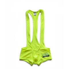 details of fluorescent green DM Men’s Powerline Y-Back Mesh Singlet – pridevoyageshop.com – gay men’s harness, lingerie and fetish wear
