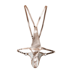 details of gold Men’s Lockdown Suspender Jock Singlet – pridevoyageshop.com – gay men’s harness, lingerie and fetish wear