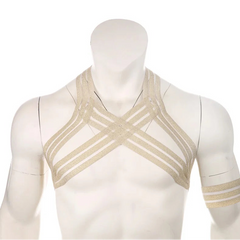 details of gold Men’s The Lewk Chest Harness Set – pridevoyageshop.com – gay men’s harness, lingerie and fetish wear