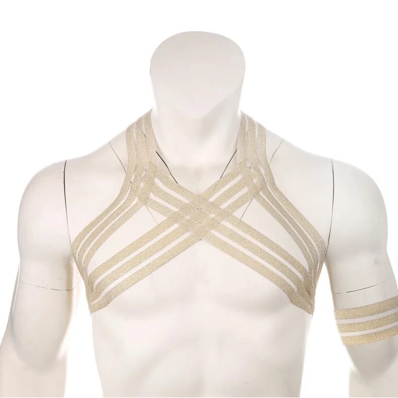 details of gold Men’s The Lewk Chest Harness Set – pridevoyageshop.com – gay men’s harness, lingerie and fetish wear