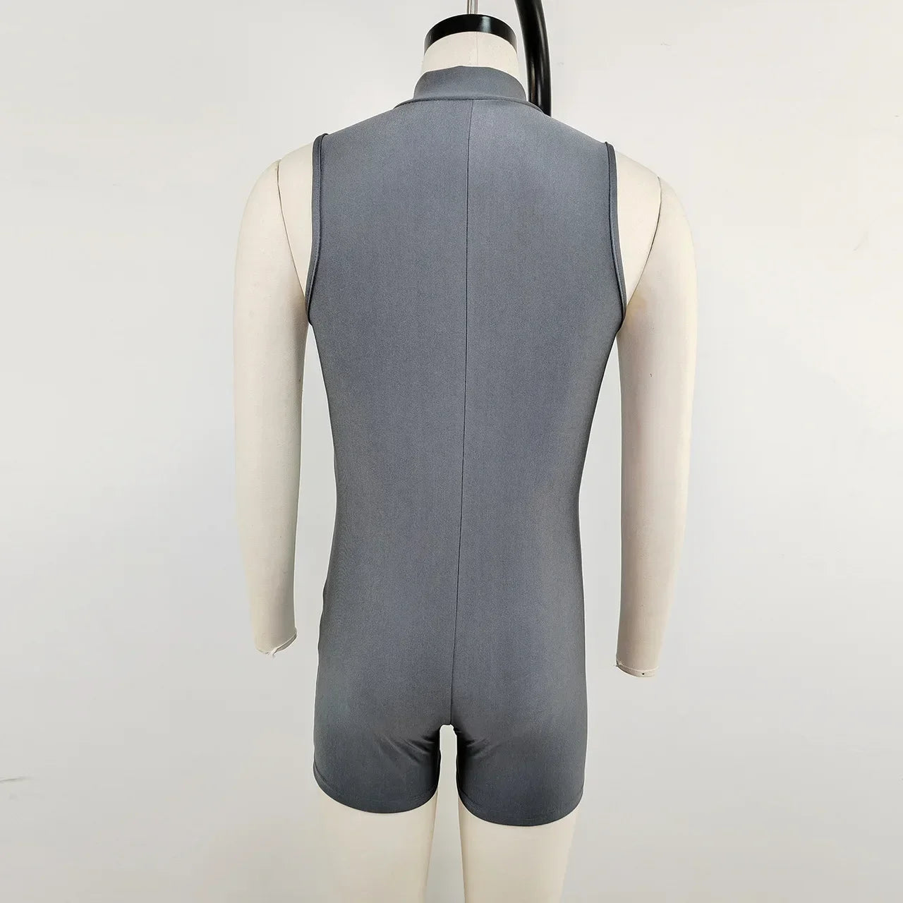 details of gray Aerobicide Zip-Access Bodysuit – pridevoyageshop.com – gay men’s harness, lingerie and fetish wear