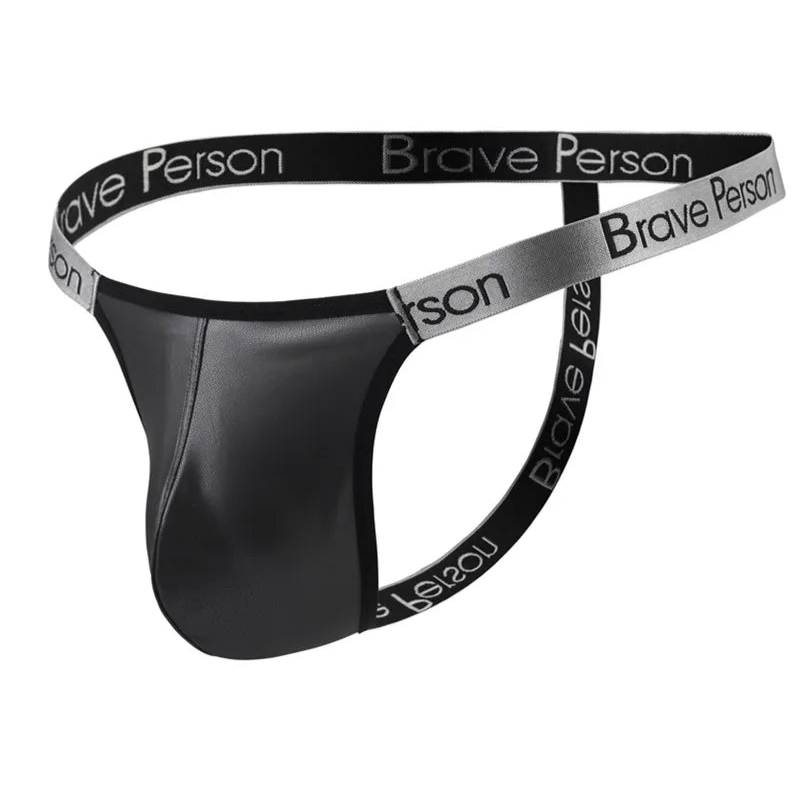 details of gray Men’s Folsom Night PU Leather Swim Bikini Thong – pridevoyageshop.com – gay men’s sexy swim briefs, trunks, board shorts, and bikinis