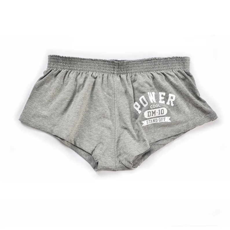 details of gray Men’s Hunt Mode Low-Rise Gym Shorts – pridevoyageshop.com – gay men’s sexy swim briefs, trunks, board shorts, and bikinis