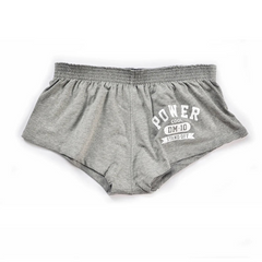 details of gray Men’s Hunt Mode Low-Rise Gym Shorts – pridevoyageshop.com – gay men’s sexy swim briefs, trunks, board shorts, and bikinis