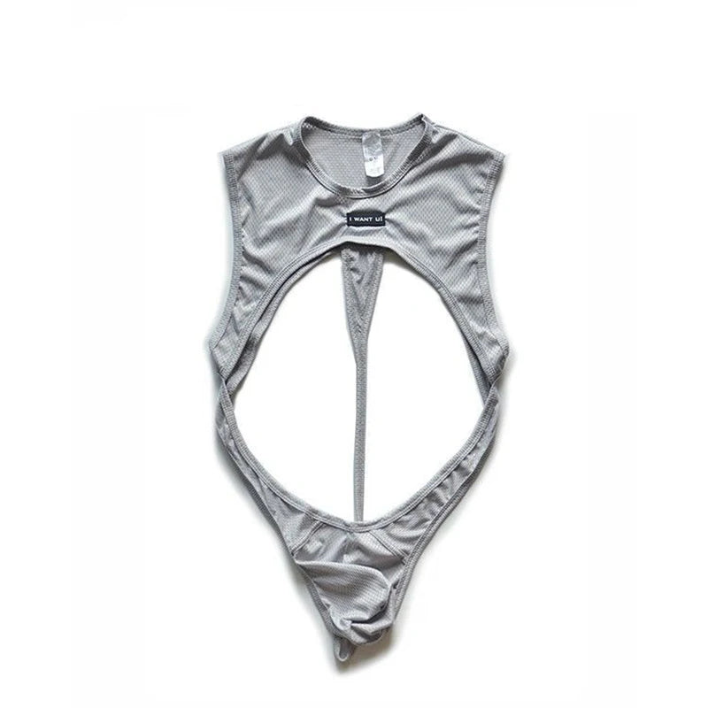 details of gray Serving Boy Open-Torso Mesh Bodysuit – pridevoyageshop.com – gay men’s harness, lingerie and fetish wear