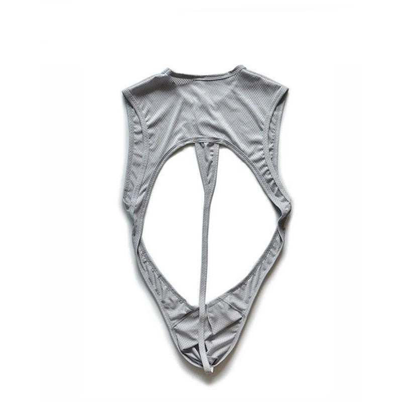 details of gray Serving Boy Open-Torso Mesh Bodysuit – pridevoyageshop.com – gay men’s harness, lingerie and fetish wear