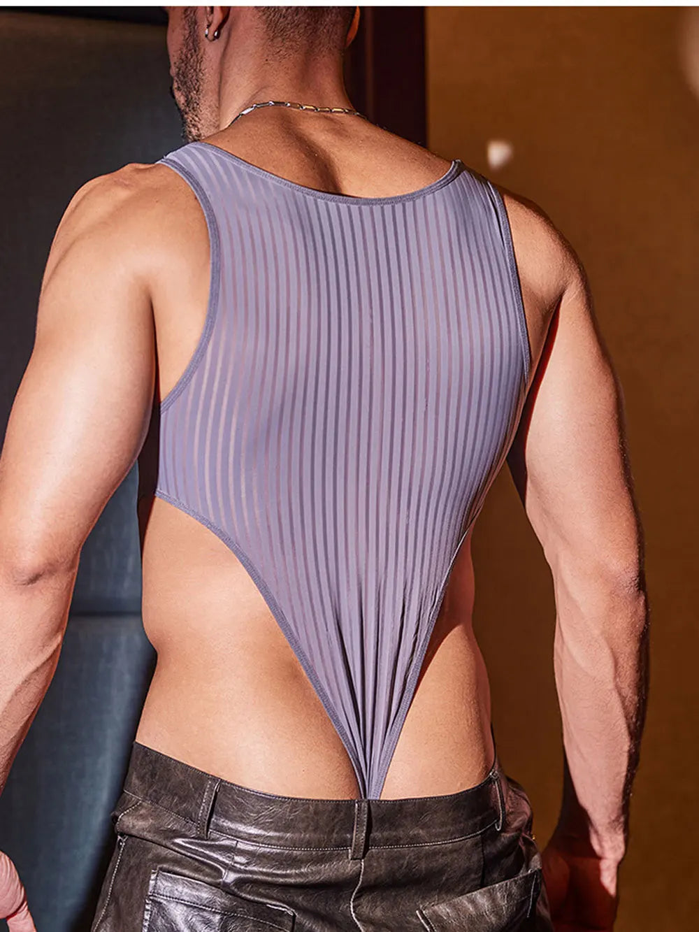 details of gray Vertigo Stripe Sheer Bodysuit – pridevoyageshop.com – gay men’s harness, lingerie and fetish wear