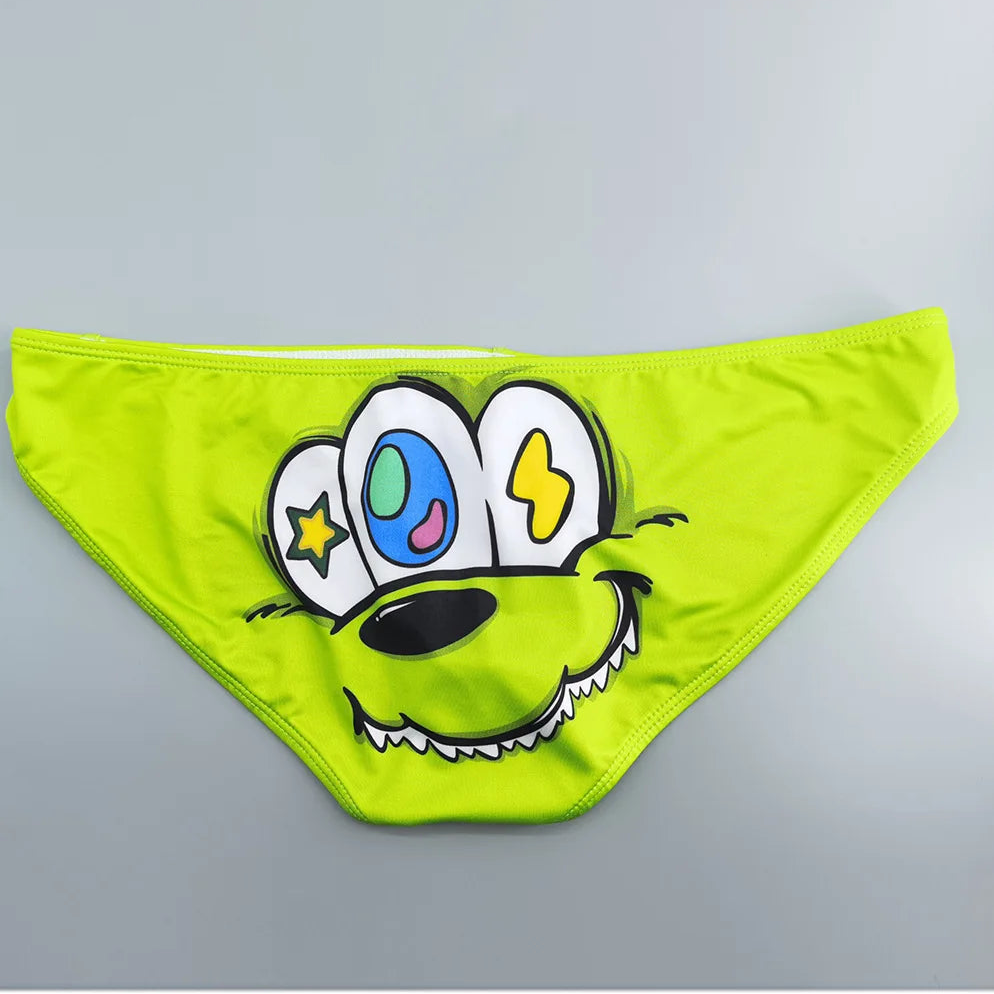 details of green Men’s Crush Face Swim Briefs – pridevoyageshop.com – gay men’s sexy swim briefs, trunks, board shorts, and bikinis