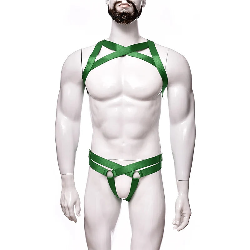 details of green Men’s Gift‑Wrapped Jock Harness – pridevoyageshop.com – gay men’s harness, lingerie and fetish wear